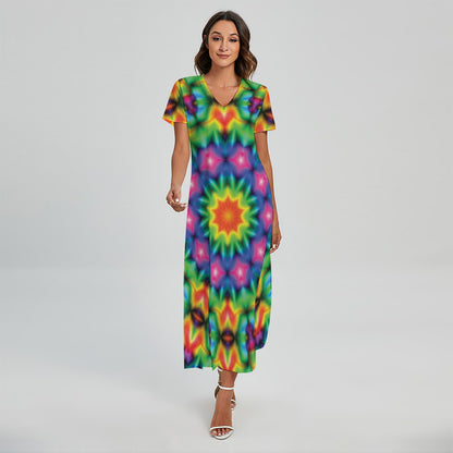 Rainbow Kaleidoscope Print Short Sleeve Maxi Dress