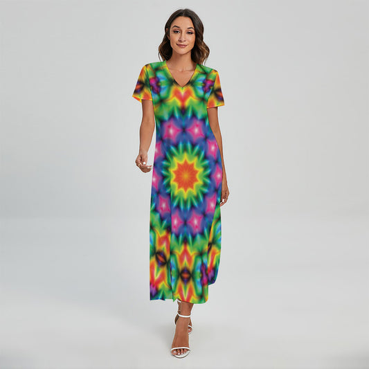 Rainbow Kaleidoscope Print Short Sleeve Maxi Dress