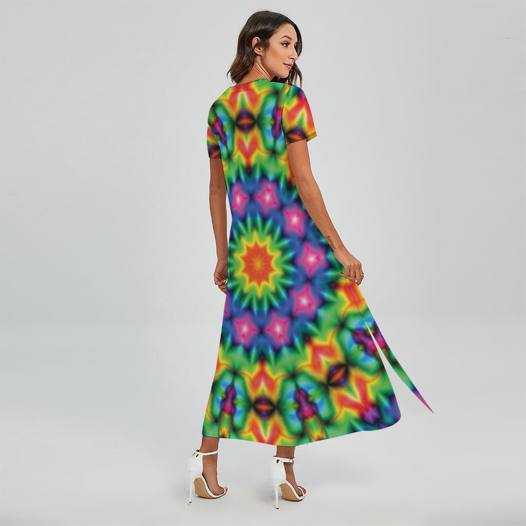 Rainbow Kaleidoscope Print Short Sleeve Maxi Dress
