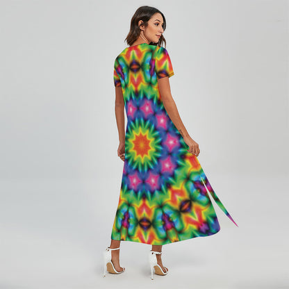 Rainbow Kaleidoscope Print Short Sleeve Maxi Dress