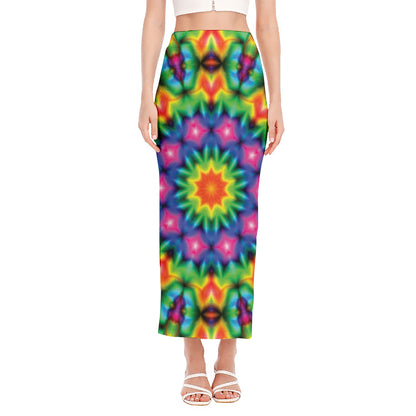 Rainbow Kaleidoscope Print Side Slit Maxi Skirt