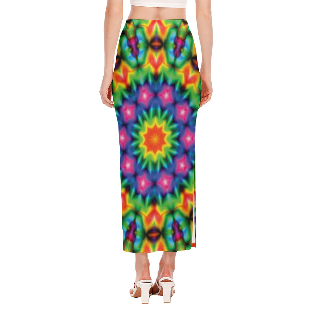Rainbow Kaleidoscope Print Side Slit Maxi Skirt