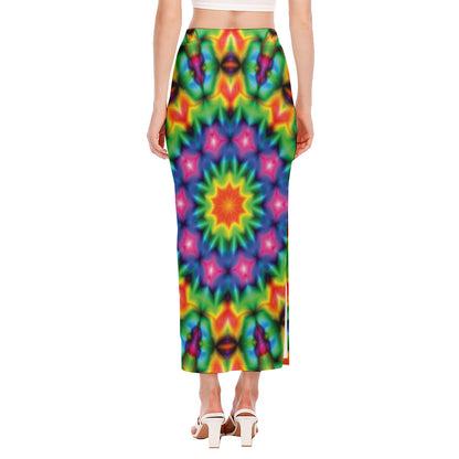 Rainbow Kaleidoscope Print Side Slit Maxi Skirt