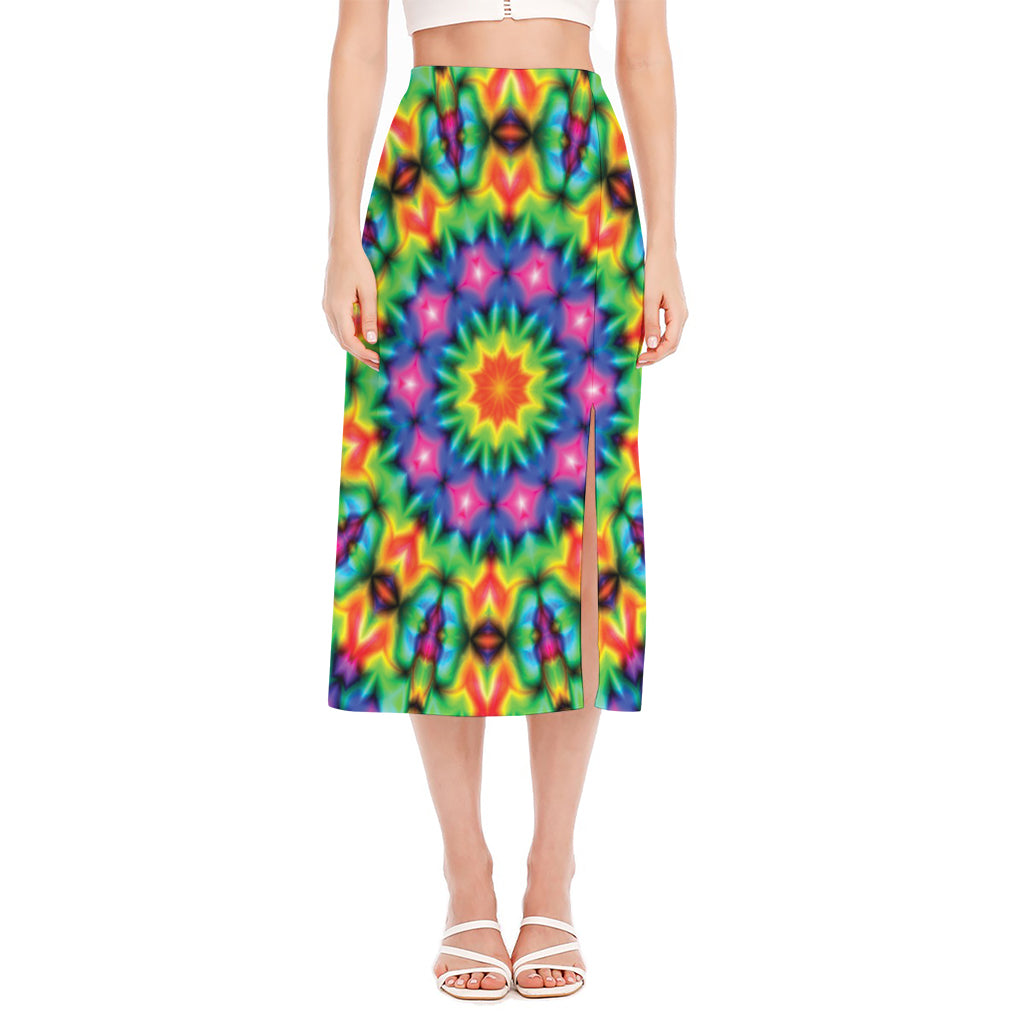 Rainbow Kaleidoscope Print Side Slit Midi Skirt