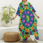 Rainbow Kaleidoscope Print Silk V-Neck Kaftan Dress