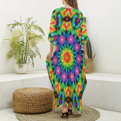 Rainbow Kaleidoscope Print Silk V-Neck Kaftan Dress