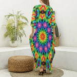 Rainbow Kaleidoscope Print Silk V-Neck Kaftan Dress