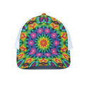 Rainbow Kaleidoscope Print White Mesh Trucker Hat