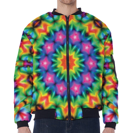 Rainbow Kaleidoscope Print Zip Sleeve Bomber Jacket