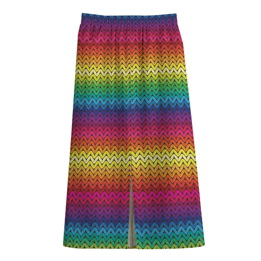 Rainbow Knitted Mexican Pattern Print Cotton Front Slit Maxi Skirt