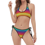 Rainbow Knitted Mexican Pattern Print Halter Scoop Tie Side Bikini