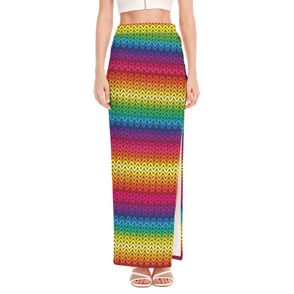 Rainbow Knitted Mexican Pattern Print High Slit Maxi Skirt