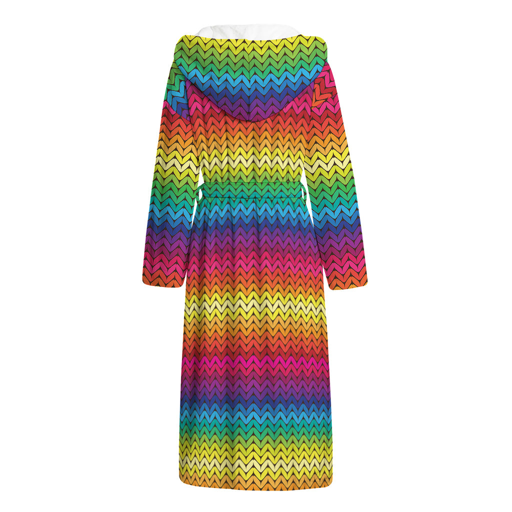 Rainbow Knitted Mexican Pattern Print Hooded Bathrobe