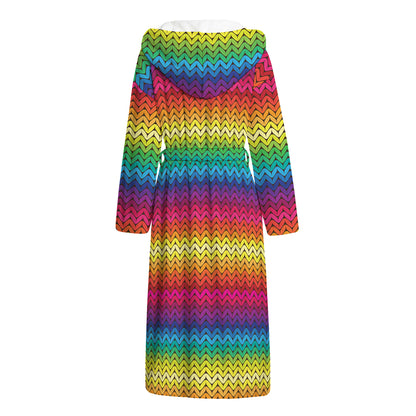 Rainbow Knitted Mexican Pattern Print Hooded Bathrobe