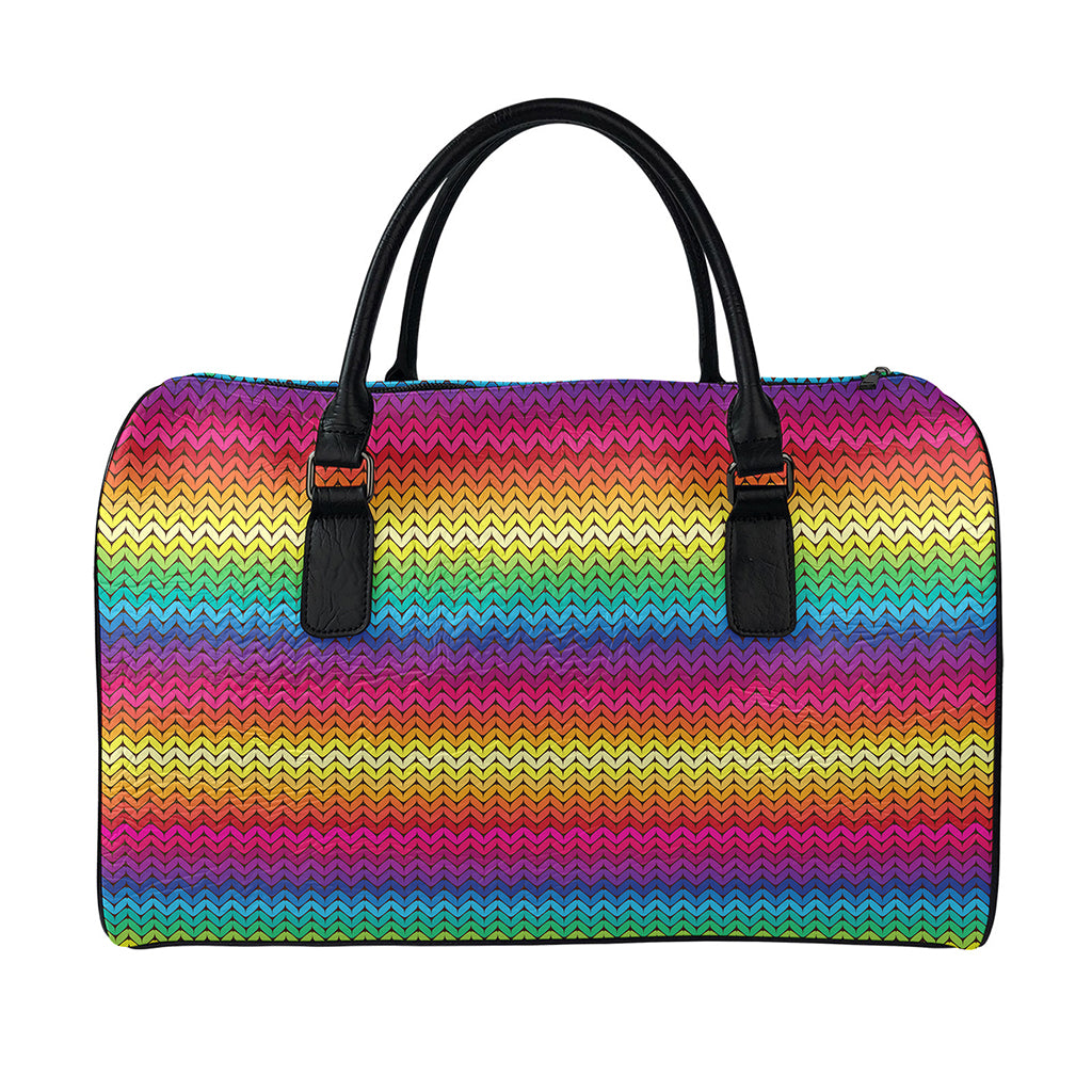 Rainbow Knitted Mexican Pattern Print Leather Duffle Bag