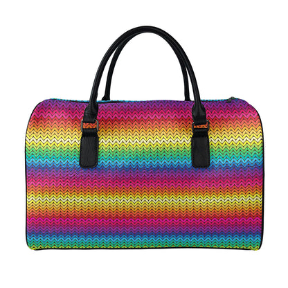 Rainbow Knitted Mexican Pattern Print Leather Duffle Bag