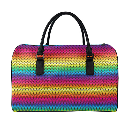 Rainbow Knitted Mexican Pattern Print Leather Duffle Bag