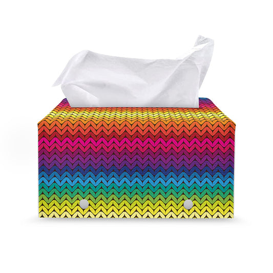 Rainbow Knitted Mexican Pattern Print Leather Tissue Box Cover