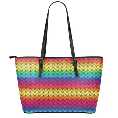 Rainbow Knitted Mexican Pattern Print Leather Tote Bag