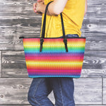 Rainbow Knitted Mexican Pattern Print Leather Tote Bag