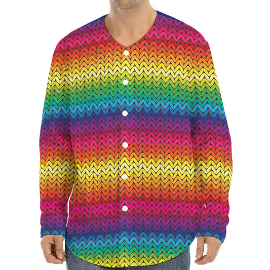 Rainbow Knitted Mexican Pattern Print Long Sleeve Baseball Jersey