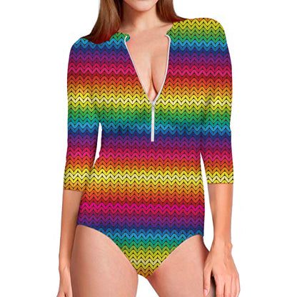 Rainbow Knitted Mexican Pattern Print Long Sleeve Swimsuit