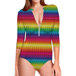 Rainbow Knitted Mexican Pattern Print Long Sleeve Swimsuit