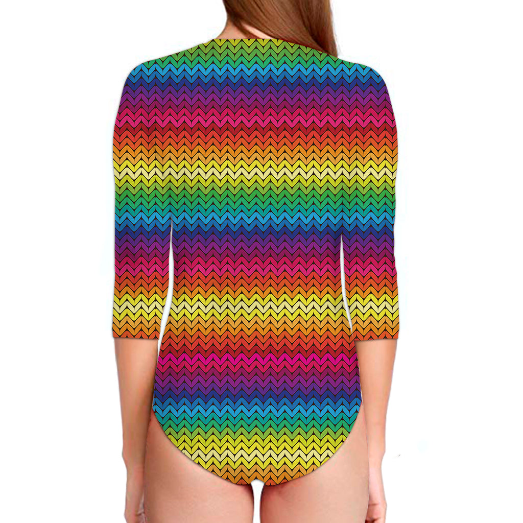 Rainbow Knitted Mexican Pattern Print Long Sleeve Swimsuit