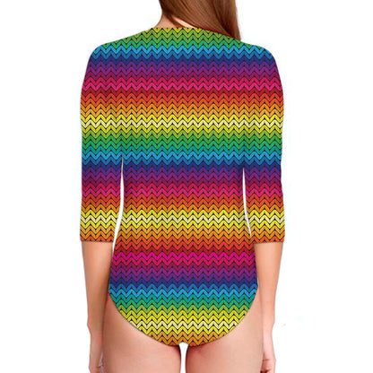 Rainbow Knitted Mexican Pattern Print Long Sleeve Swimsuit