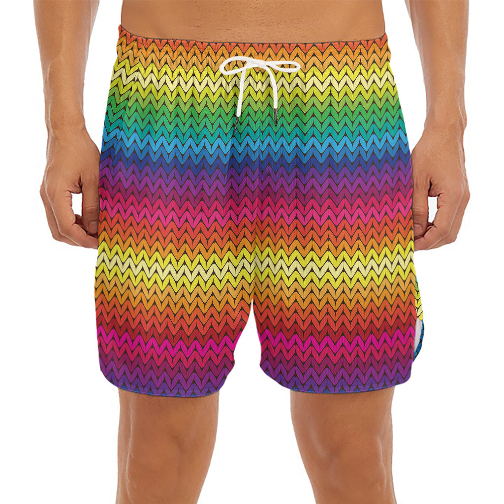 Rainbow Knitted Mexican Pattern Print Men's Split Running Shorts