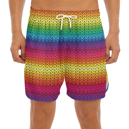 Rainbow Knitted Mexican Pattern Print Men's Split Running Shorts