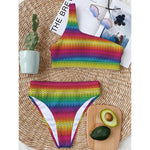 Rainbow Knitted Mexican Pattern Print One Shoulder Bikini Top