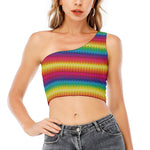 Rainbow Knitted Mexican Pattern Print One Shoulder Crop Top