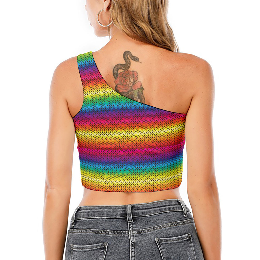 Rainbow Knitted Mexican Pattern Print One Shoulder Crop Top