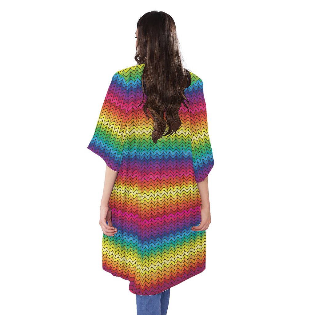 Rainbow Knitted Mexican Pattern Print Open Front Beach Cover Up
