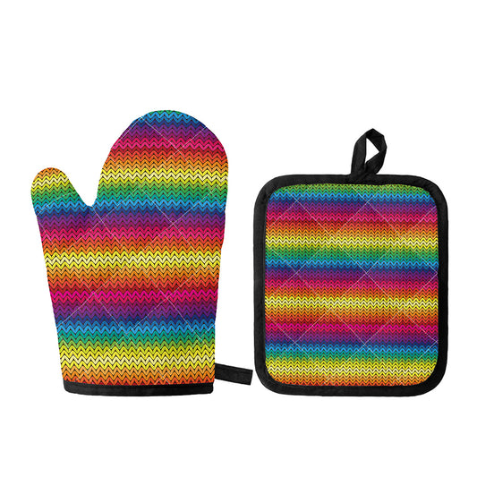 Rainbow Knitted Mexican Pattern Print Oven Mitt And Pot Holder Set