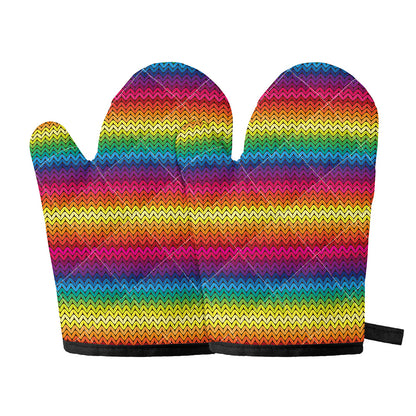 Rainbow Knitted Mexican Pattern Print Oven Mitts