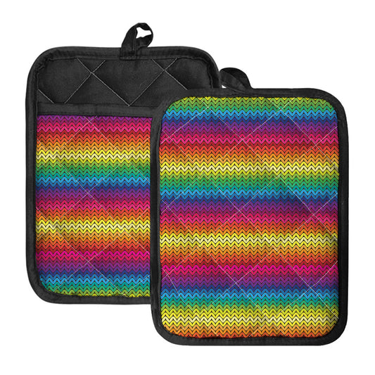 Rainbow Knitted Mexican Pattern Print Pot Holders With Pocket