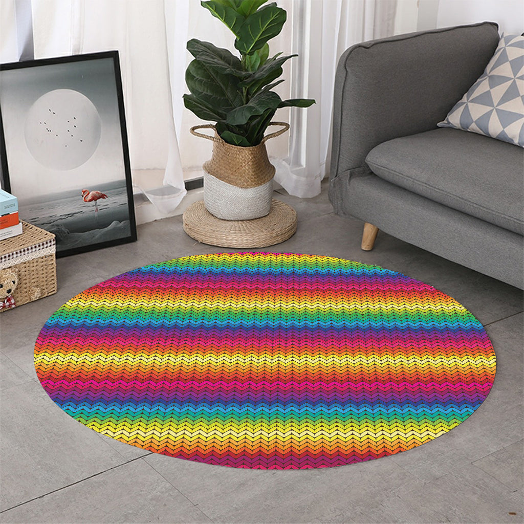 Rainbow Knitted Mexican Pattern Print Round Rug