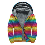 Rainbow Knitted Mexican Pattern Print Sherpa Lined Zip Up Hoodie