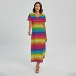 Rainbow Knitted Mexican Pattern Print Short Sleeve Maxi Dress
