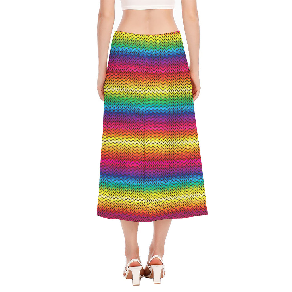 Rainbow Knitted Mexican Pattern Print Side Slit Midi Skirt