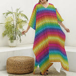 Rainbow Knitted Mexican Pattern Print Silk V-Neck Kaftan Dress