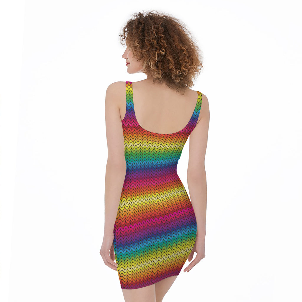 Rainbow Knitted Mexican Pattern Print Sleeveless Bodycon Dress