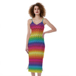 Rainbow Knitted Mexican Pattern Print Slim Fit Midi Cami Dress