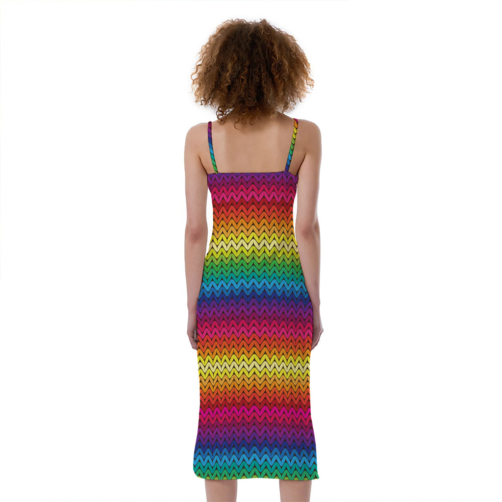 Rainbow Knitted Mexican Pattern Print Slim Fit Midi Cami Dress