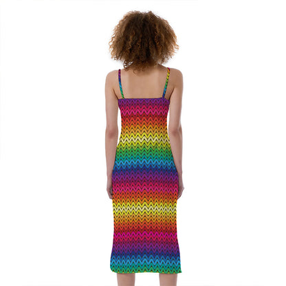 Rainbow Knitted Mexican Pattern Print Slim Fit Midi Cami Dress