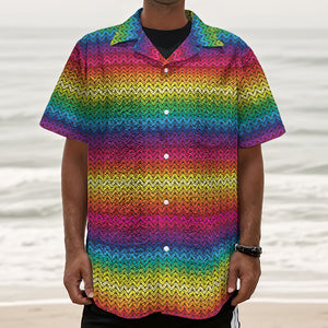 Rainbow Knitted Mexican Pattern Print Textured Short Sleeve Shirt