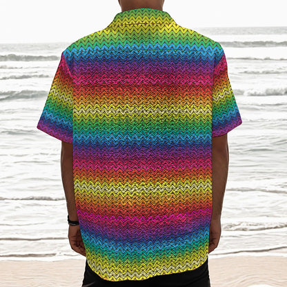 Rainbow Knitted Mexican Pattern Print Textured Short Sleeve Shirt