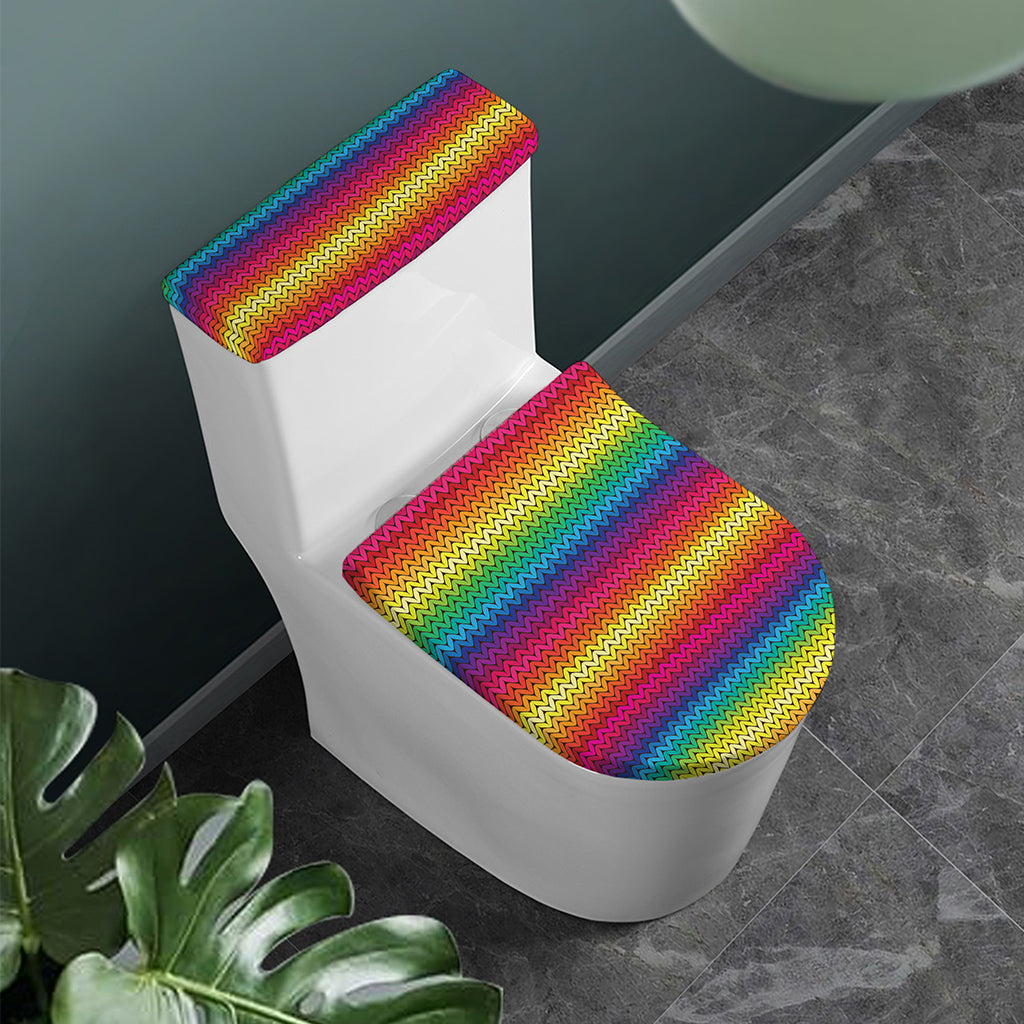 Rainbow Knitted Mexican Pattern Print Toilet Lid And Tank Cover Set